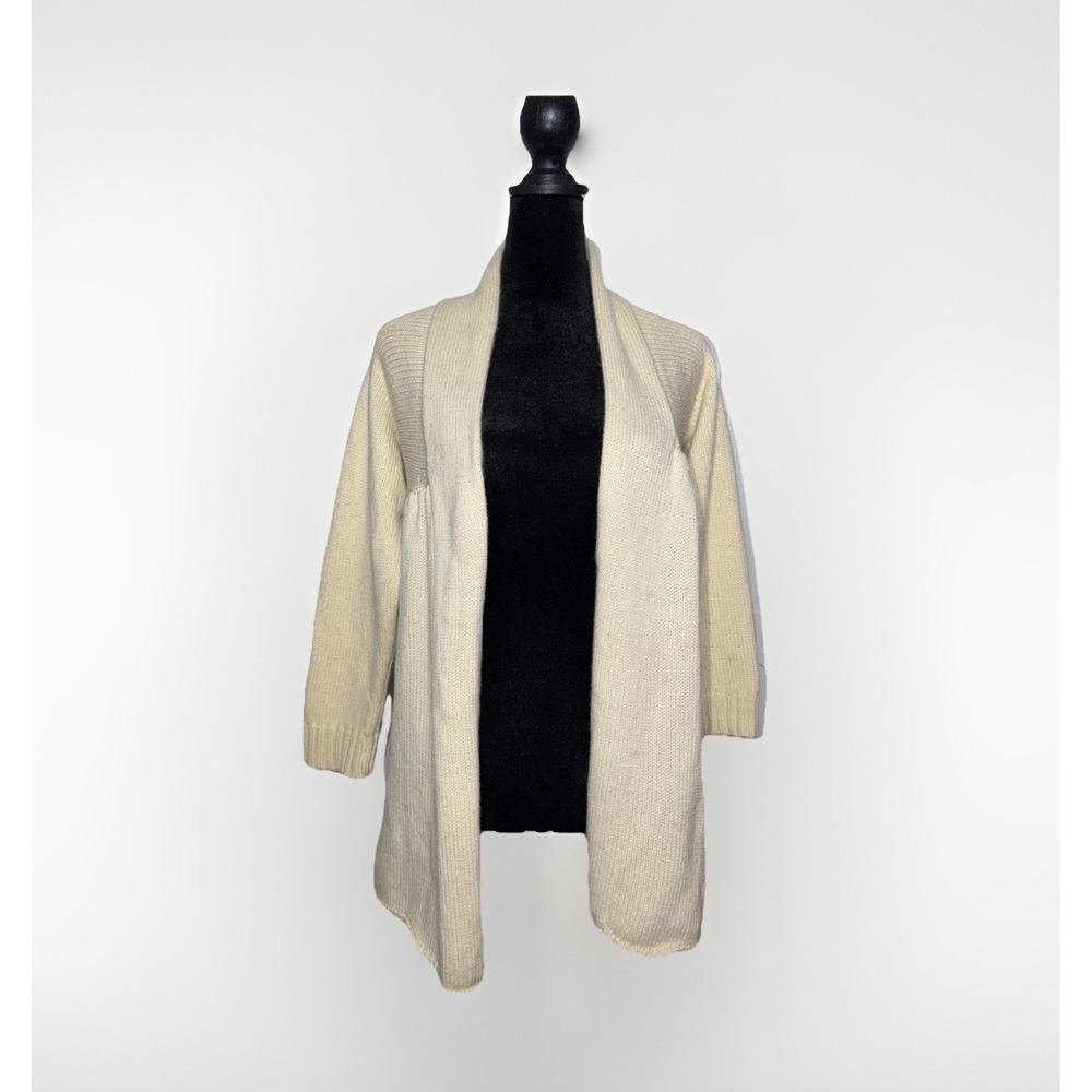 Vince 100% Cashmere Open-Front Cardigan Sweater SZ L Cream 3/4 Sleeve Rolled Hem